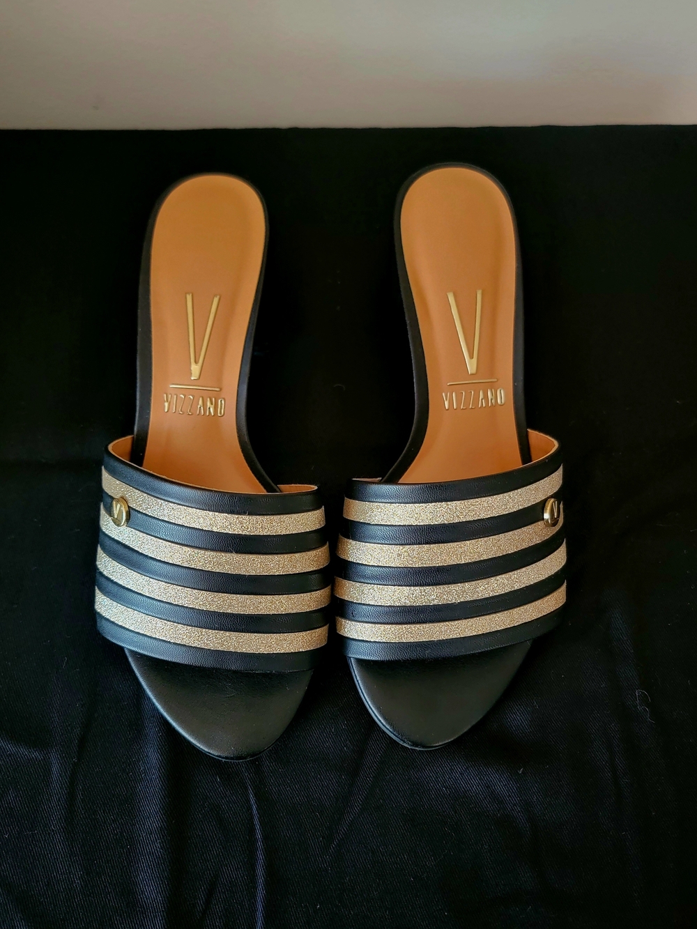 Vizzano Gold Glitter Black Striped Block Heel Slide Sandal Mules - US 6.5
